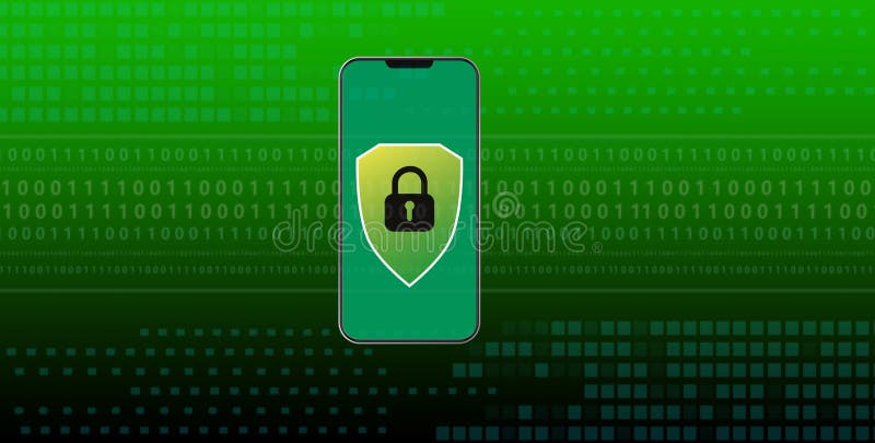 A digital background with binary code and a green shield lock symbolizing data protection and cybersecurity stock illustration
