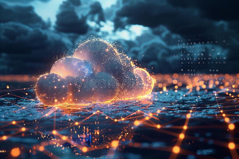Illustration of Digital background featuring cloud technology, dark blue color tone, light effects with glowing data particles and symbols of internet connections on the right side. a single large white cloud symbol in center of composition is connected to many small ones around it.. This illustration is generated with the use of an AI.