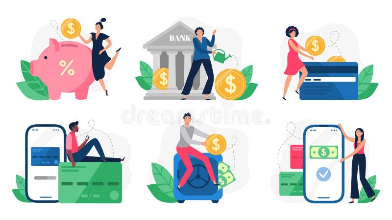Digital banking. Bank transactions, credit card payment and internet payments. Online pay vector illustration set stock illustration