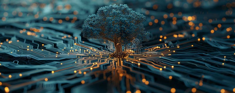 Digital banner, microchip, chip with growing tree royalty free illustration