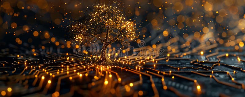 Digital banner, microchip, chip with growing tree vector illustration