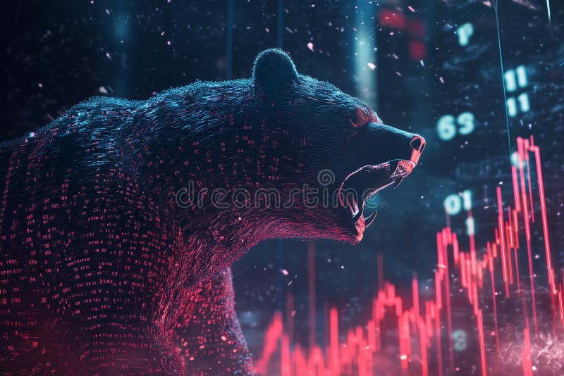 Digital bear composed of numbers roaring in front of rising stock market charts with colorful lights stock images