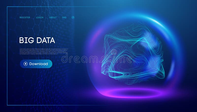 Digital big data cube ai tech background. 3d abstract blue artificial line box. Computer science semiconductor quantum stock illustration
