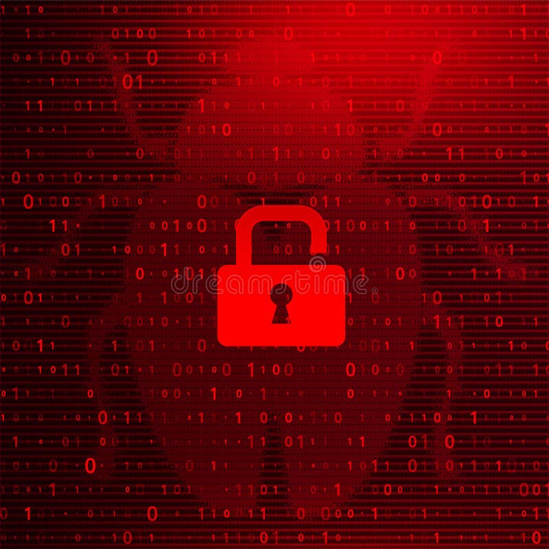 Digital Binary Code on Dark Red BG with Lock vector illustration