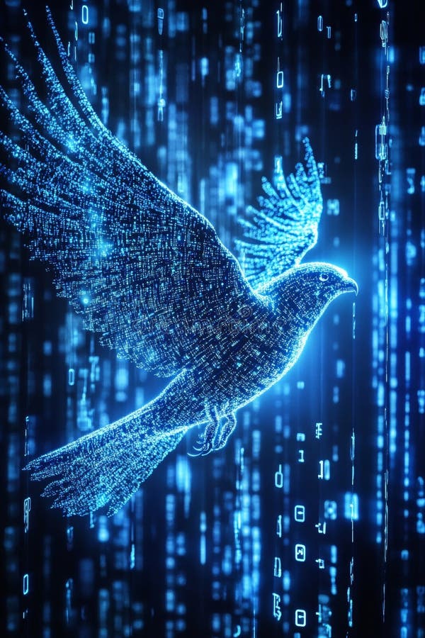 Digital Bird Soaring Through Cyberspace, Abstract Technology Concept With Binary Code. stock illustration