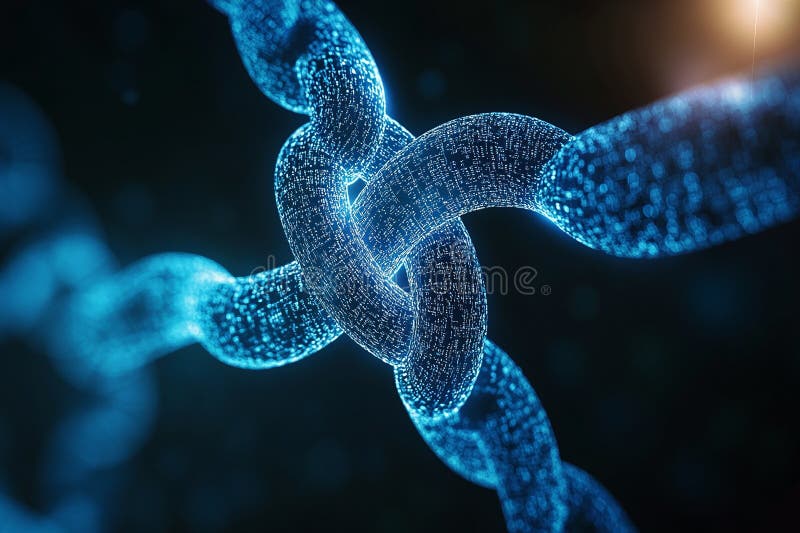 Digital Blockchain Chain Links with Blue Glowing Data Pattern on Dark Background Representing Technology Security royalty free illustration