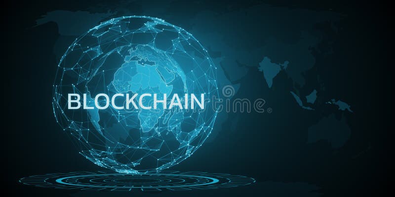 Digital blockchain concept on dark background with network lines and global map, creative graphics. 3D Rendering royalty free illustration