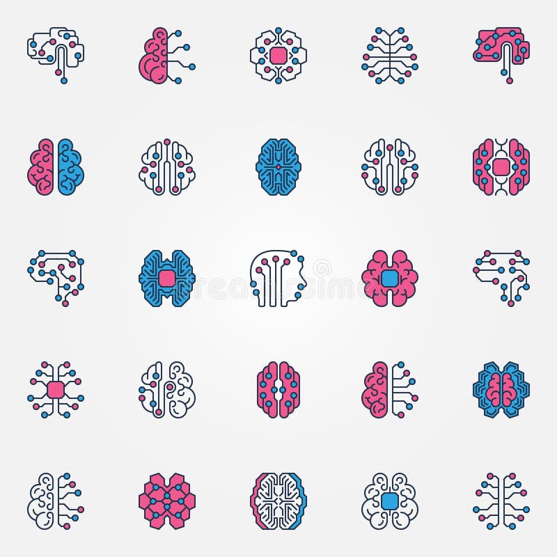 Digital Brain colored icons set - vector AI Smart brain signs stock illustration