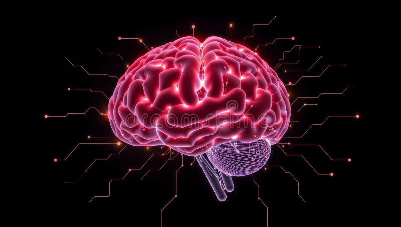 Digital Brain Connections: 3D Rendering of Glowing Brain with Circuitry, generative ai vector illustration