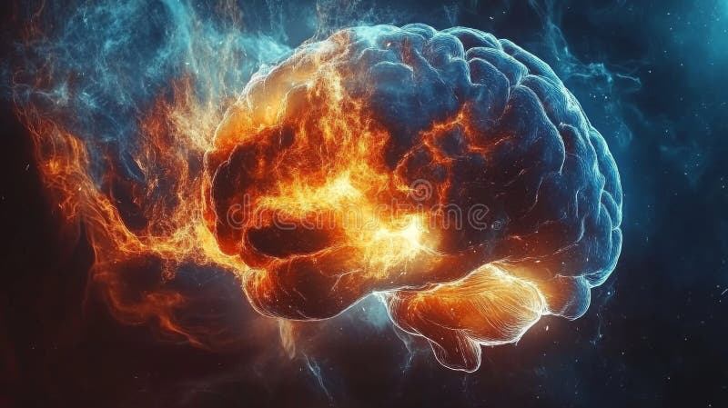 Digital Brain on Fire, Abstract Rendering of Human Consciousness, Thought, and Imagination royalty free illustration