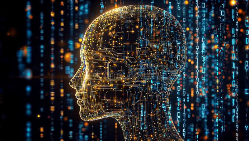 Digital Brain: Glowing Circuits Forming Human Head Shape, generative ai stock illustration