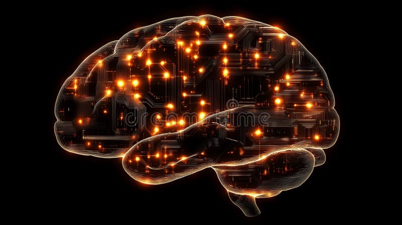 Digital brain glowing in a dark, high-tech environment vector illustration