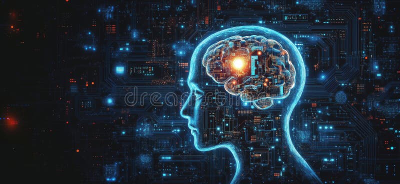 Digital Brain Visualization with Circuitry Background, Futuristic Technology Concept, Artificial Intelligence, Neural stock image