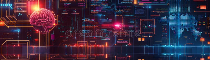 Digital brain and world map amidst futuristic data streams highlighting AI, technology networks, and global connectivity vector illustration