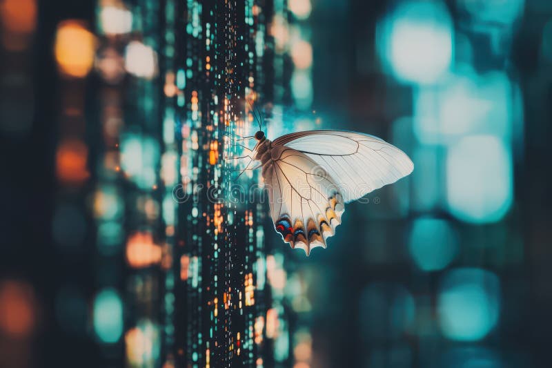 Digital Butterfly Emerging from Glowing Matrix in Abstract Background stock photography