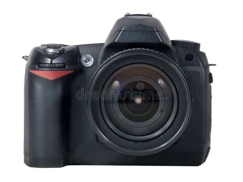 Isolated image of the front of a professional digital camera.