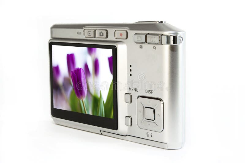 Close up of digital camera isolated on a white background