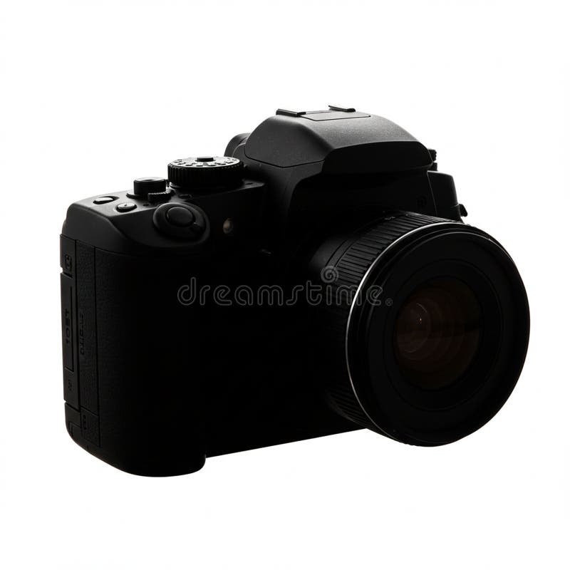 Digital camera with a DSLR design, featuring a black body and a protruding lens. The stock illustration