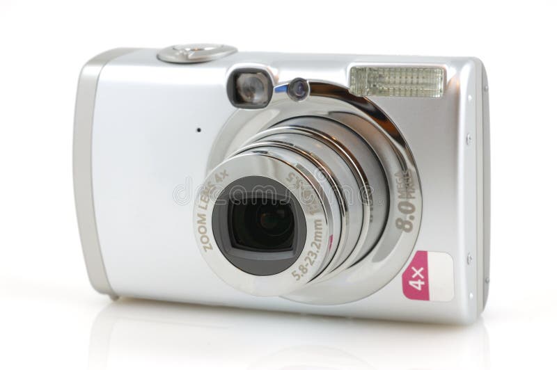 Digital camera with reflection in isolated white background