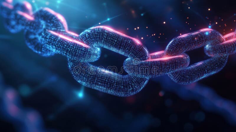 Digital chain link, glowing, futuristic design, technology concept stock photography