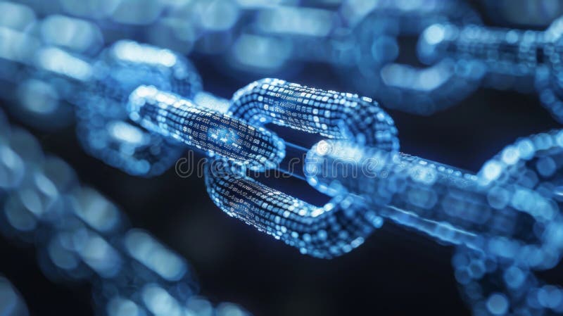 Digital Chain Links Illuminated in a Futuristic Setting Showcasing Connectivity and Data Transmission Technologies stock photos