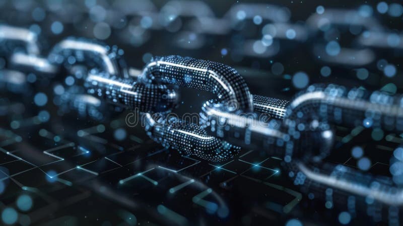Digital Chain Links Symbolize Connectivity and Security in Modern Technology at Nighttime With Glowing Blue Accents stock images