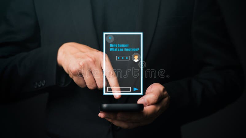 Asistent de conversație pentru aplicații robot chatbot-uri digitale și un concept de inteligență artificială. om care utilizează t stock illustration