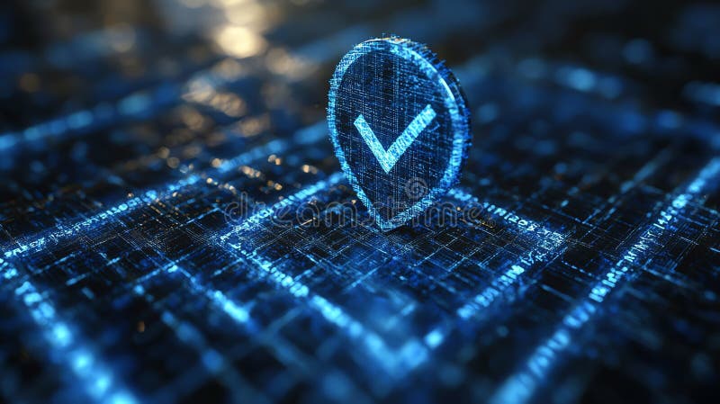 Digital checkmark symbol on a glowing grid background, futuristic technology concept vector illustration