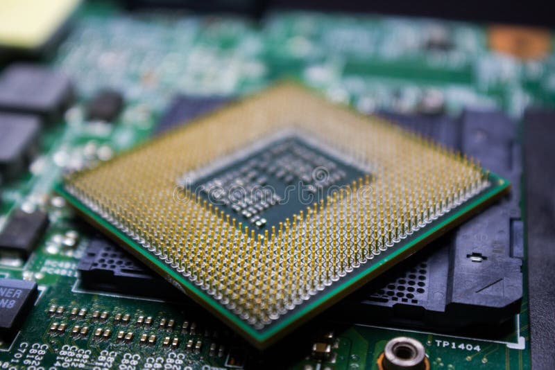 Digital chip-set motherboard with processor chip stock photos