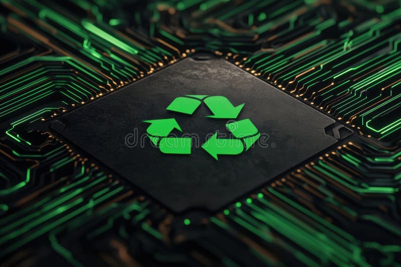 Digital Chip Surrounded by Green Fiber Optic Lines and Patterns stock photo