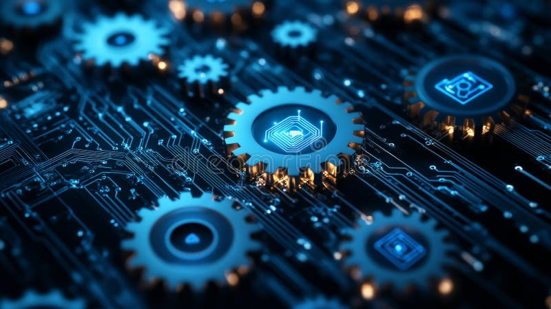 AI Machine Learning Gears in Digital Network stock illustration