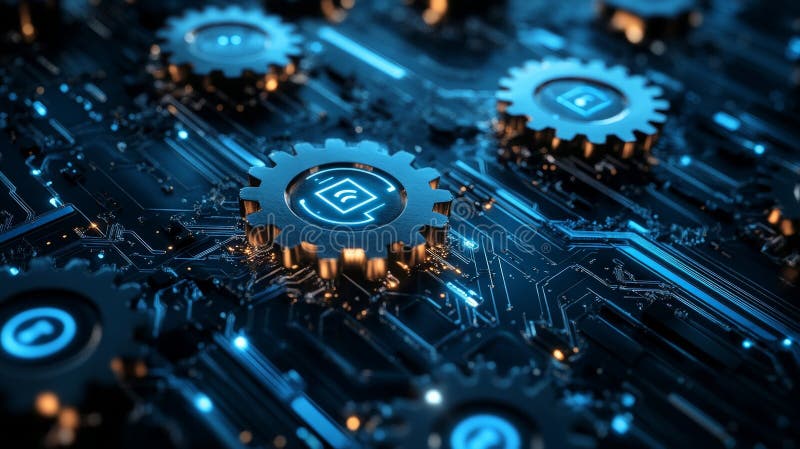 AI Machine Learning Gears in Digital Network stock illustration