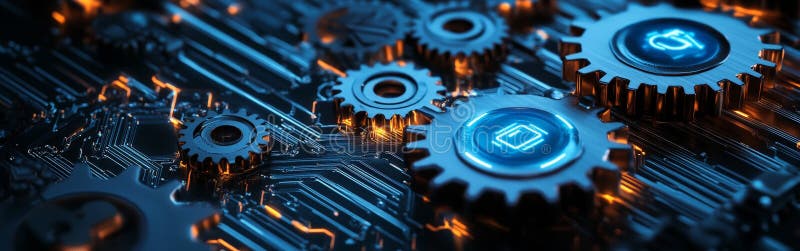 AI Machine Learning Gears in Digital Network stock illustration