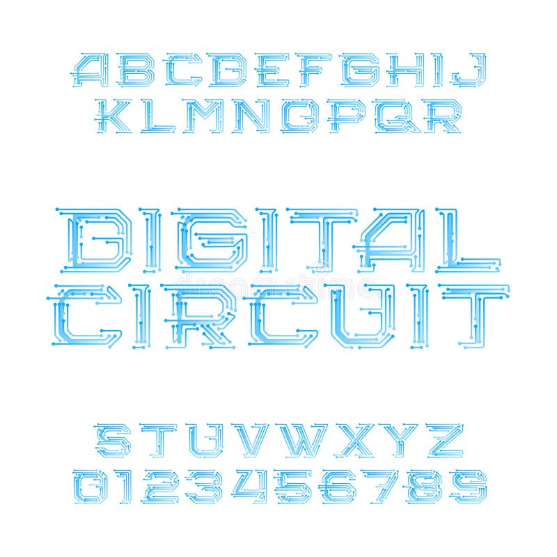 Digital circuit board alphabet font. Digital hi-tech style letters and numbers. royalty free illustration