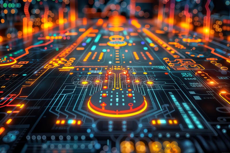 Digital Circuit Glow, generative ai. Digital Circuit Board. Close-up of a vibrant, illuminated circuit board with intricate patterns and glowing elements.