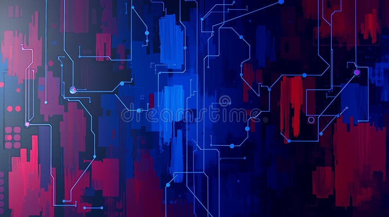 Digital Circuit Pattern Background with Blue and Red Neon Colors, Abstract Technology Network Lines Design for Tech Concepts. Abstract digital circuit pattern with glowing blue lines on red and dark background. Perfect for technology, AI, cybersecurity, networking, and digital transformation concepts