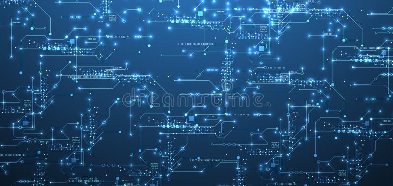 Digital circuit visualization vector background. Blue board pattern with interconnected lines, nodes, and binary code vector illustration