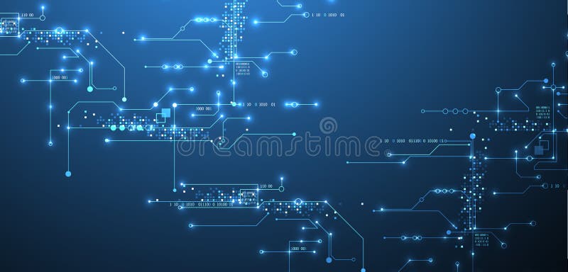 Digital circuit visualization vector background. Blue board pattern with interconnected lines, nodes, and binary code stock illustration