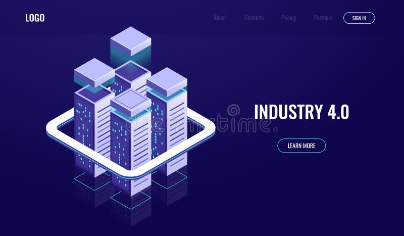 Digital city, isometric urban town, skyscrapers, cloud computing, cloud data storage, server room rack, database concept