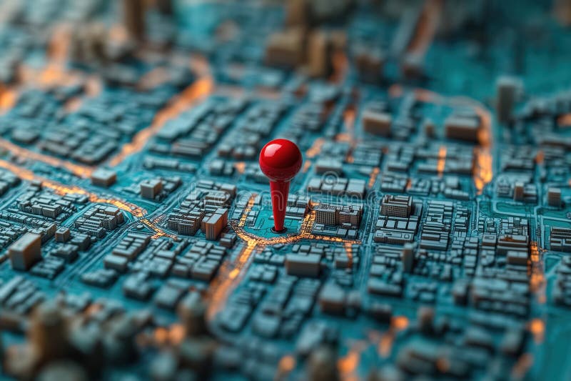 Digital city map shows location with red marker. Interactive map tech shows urban areas. Navigation tech for planning trips. stock illustration
