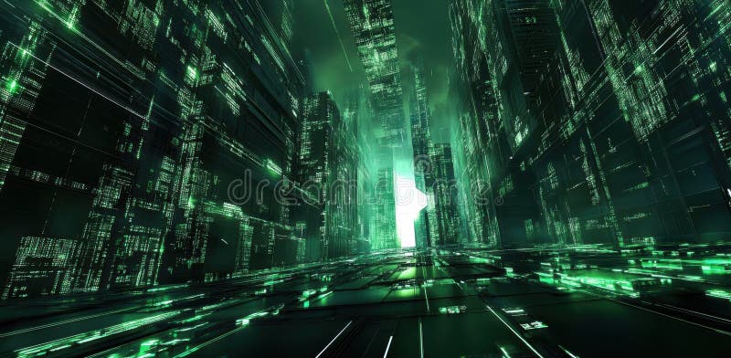 Digital Cityscape belyser med Green Data Streams Futuristic Metropolis stock illustrationer