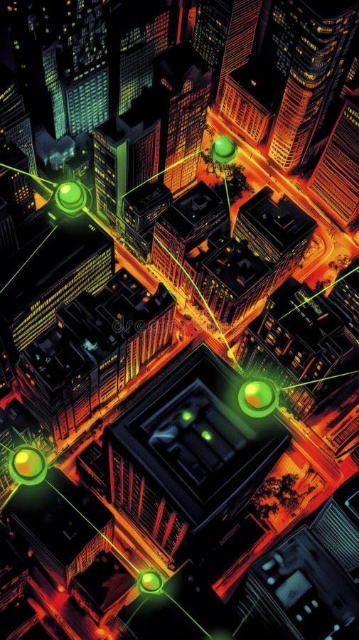 Digital cityscape with glowing green network nodes stock illustration