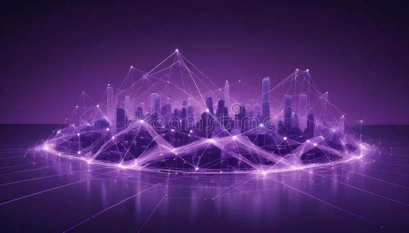A digital cityscape rendered with a mesh of interconnected lines and nodes, symbolizing technology, connectivity, and royalty free illustration