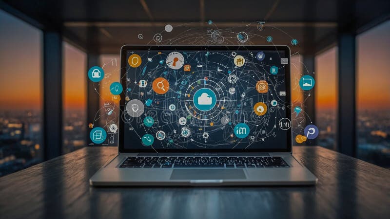Digital Cloud Computing Network Concept on Laptop stock illustration