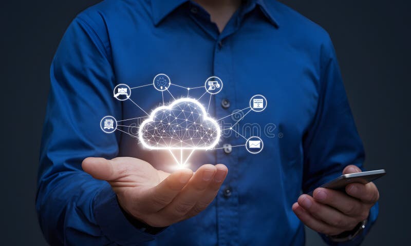 Digital Cloud Computing Network Technology Businessman Hand Holding Global Internet Data Connection Innovation Web Blue stock abbildung