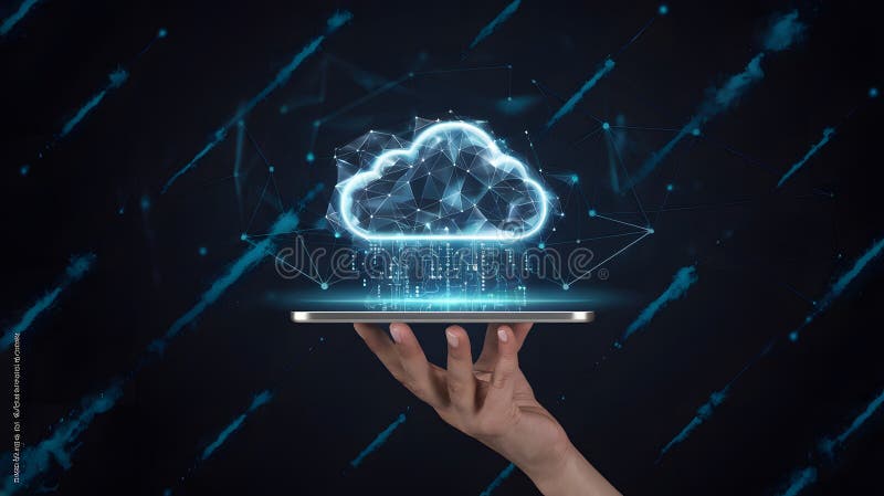 Digital Cloud Computing Technology Data Network Hand Holding Tablet Modern Futuristic Abstractic Background Web blau lizenzfreie abbildung
