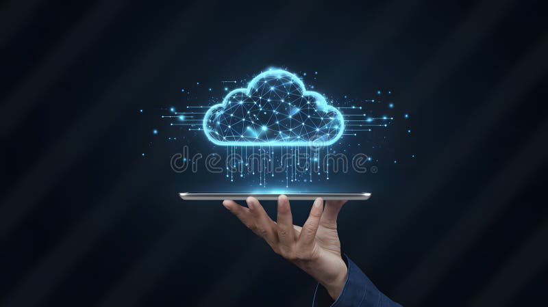 Digital Cloud Computing Technology Network Data Handtablet Global Internet Innovation Future Business Web Blue Dunkel. Handhaltende Tablette mit leuchtendem Konzept für ein digitales Cloud-Netz. Futuristische Technologie