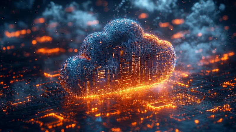 Digital Cloud with Glowing Circuits Generative AI stock illustration