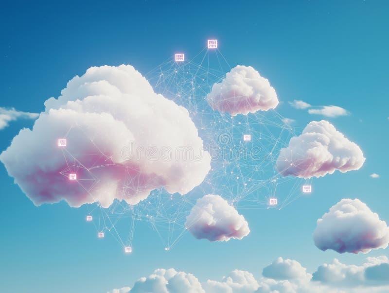 Digital cloud icons connected in a network floating in the sky stock illustration