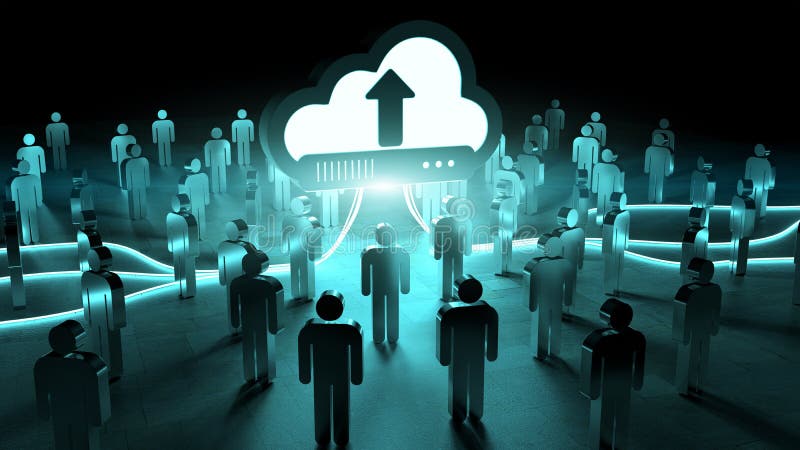 Digital cloud illuminating a group of people 3D rendering royalty free illustration Digital cloud illuminating a group of people 3D rendering royalty free illustration